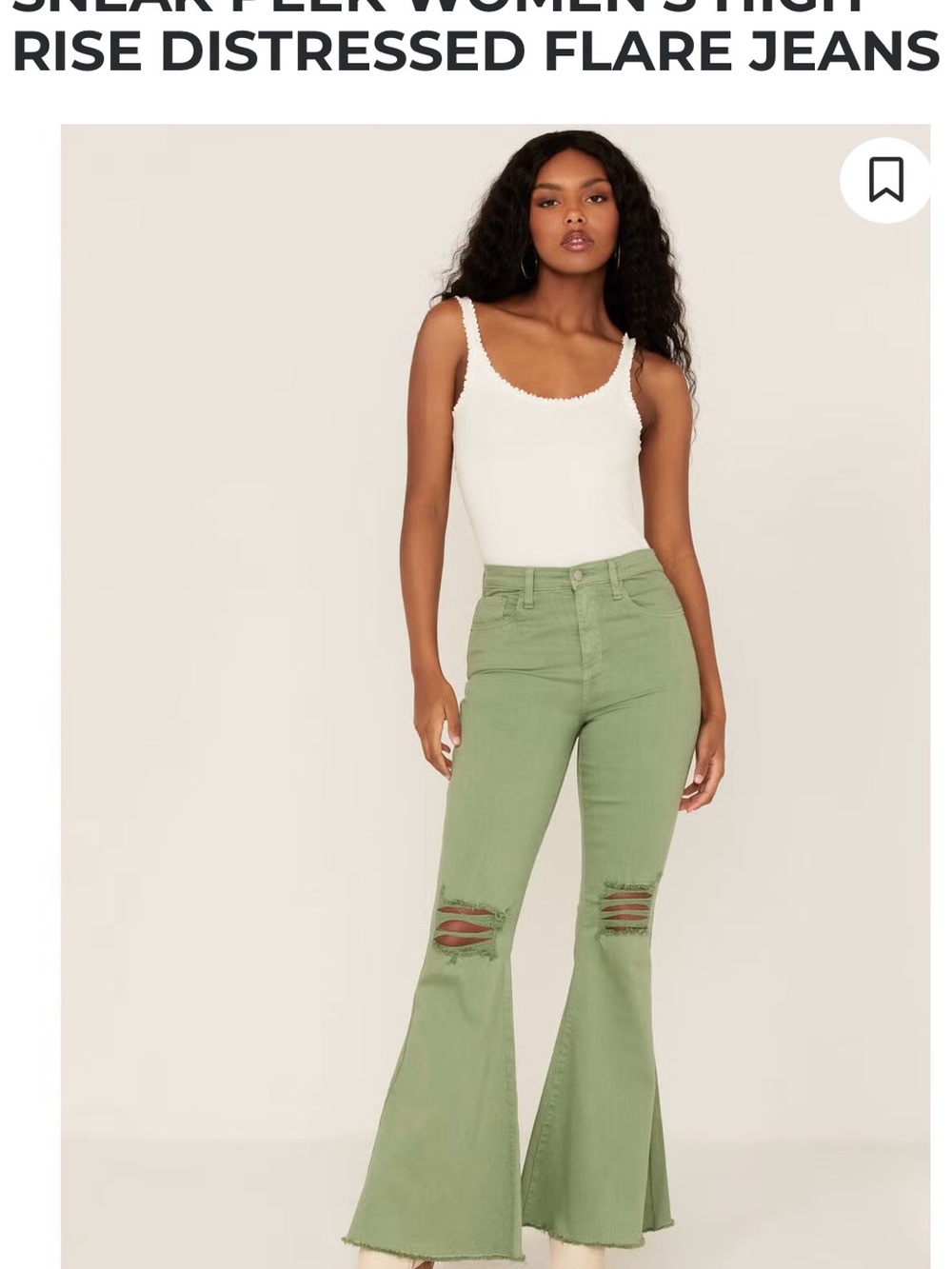 Size 11. Sneak Peek Sage Green High-Rise Distressed Flare Jeans